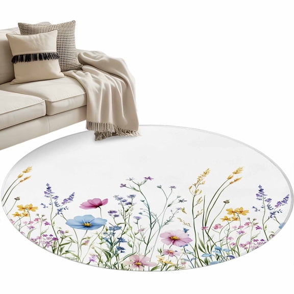 Spring Floral Round Rug 3ft Area Rug Washable Soft Non-Slip 3' Circle Low Pile Rugs Colorful Botanical Wildflower Summer Carpet for Bedroom Living Room Entryway Home Office Dining Room