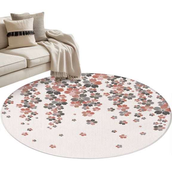 Spring Floral Round Rug 3ft Washable Circle Entryway Rugs Non Slip Red Gray Cherry Flowers Blossom Beige Area Rug Indoor Floor Carpet for Bedroom Kitchen Living Room Home Office Dining Room Nursery