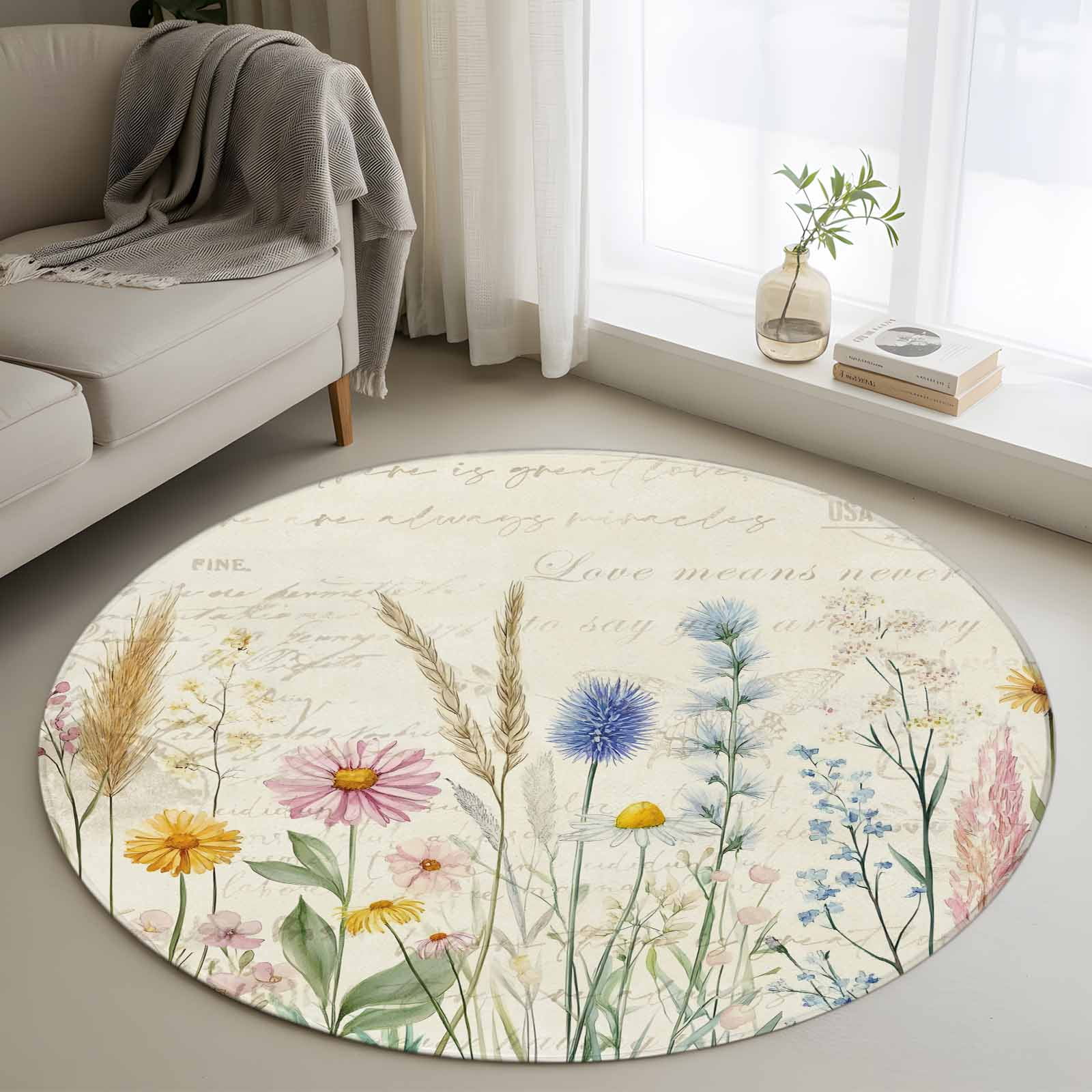 Spring Floral Round Rugs 4ft, Summer Farmhouse Vintage Botanical Non Slip Washable Rug Runner, Low Pile Indoor Floor Carpet Mat Bathroom Rugs for Living Room, Bedroom, Kids Room