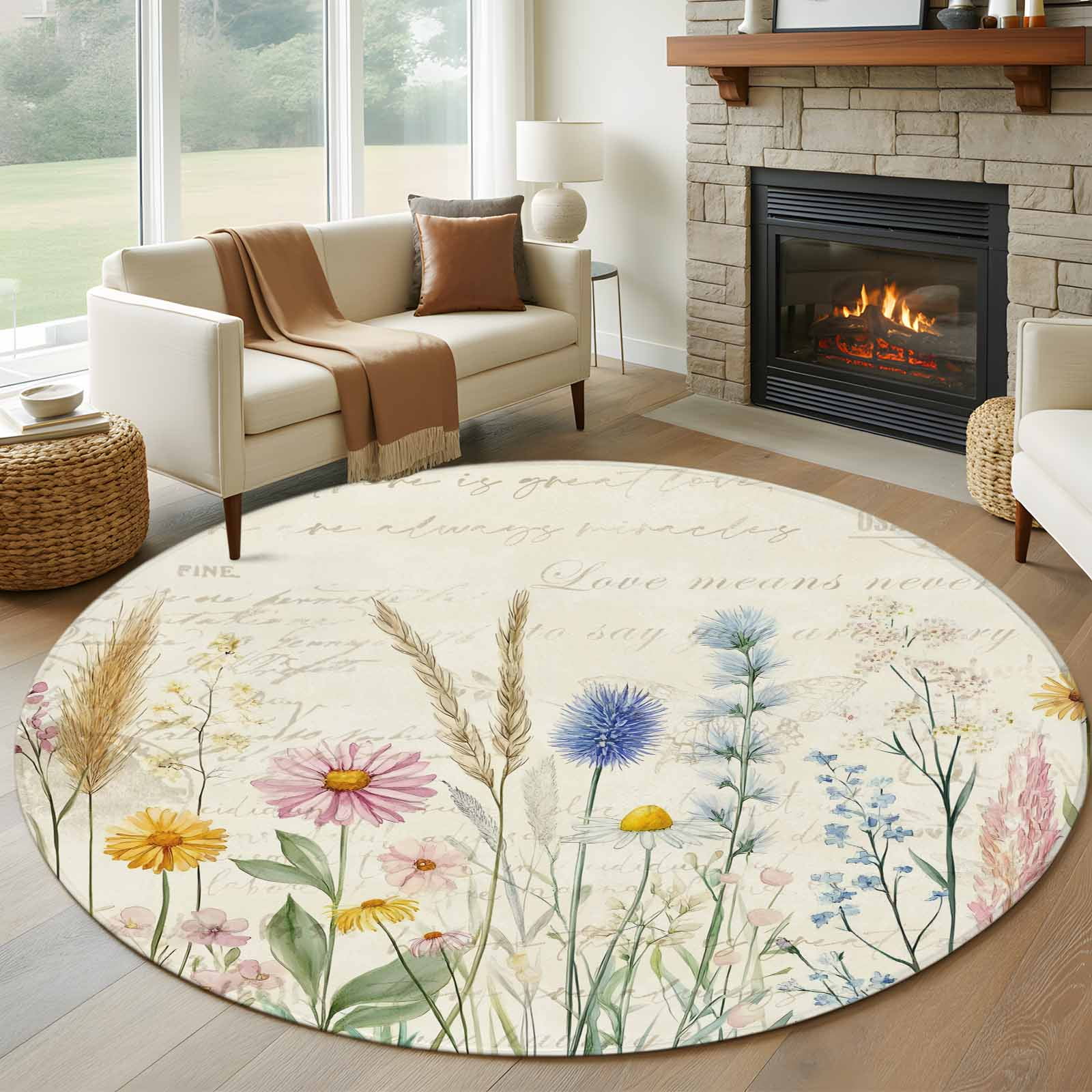Spring Floral Round Rugs 5ft, Summer Farmhouse Vintage Botanical Non Slip Washable Rug Runner, Low Pile Indoor Floor Carpet Mat Bathroom Rugs for Living Room, Bedroom, Kids Room