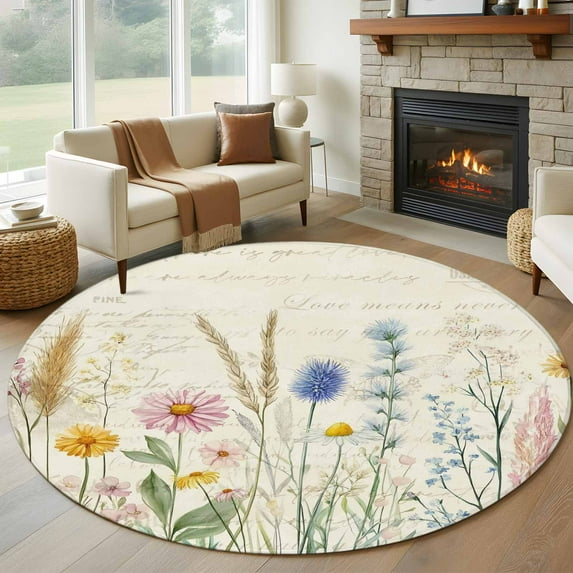 Spring Floral Round Rugs 8ft, Summer Farmhouse Vintage Botanical Non Slip Washable Rug Runner, Low Pile Indoor Floor Carpet Mat Bathroom Rugs for Living Room, Bedroom, Kids Room
