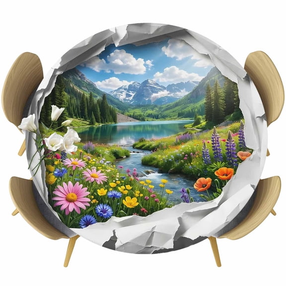 Spring Floral Round Tablecloth 36-44 Inch Round Fitted Table Cloth with Elastic Edge, Mountains Forest Lake Summer Botanical Waterproof Table Cover Protector for Outdoor Picnic Party Dining