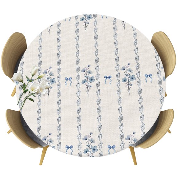 Spring Floral Round Tablecloth 36-44 Inch Round Fitted Table Cloth with Elastic Edge, Watercolor Flowers Bows Bohemia Beige Waterproof Table Cover Protector for Outdoor Picnic Party Dining