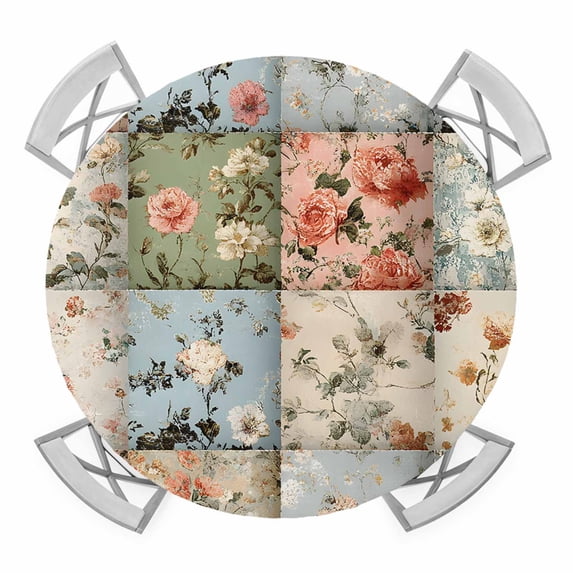 Spring Floral Round Tablecloth for 36-44 Inch Tables,Fitted Table Cover with Elastic Edge,Elegant Checkered Summer Botanical Farmhouse Waterproof Outdoor Table Cloth Protector for Patio Garden Dinner
