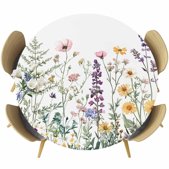 Spring Floral Round Tablecloth 45-54 Inch Round Fitted Table Cloth with Elastic Edge, Pastoral Summer Botanical Flowers Herb Waterproof Table Cover Protector for Outdoor Picnic Party Dining
