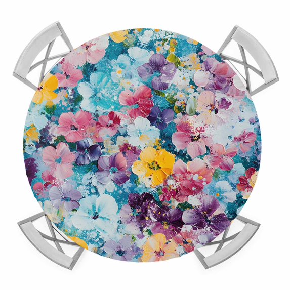 Spring Floral Round Tablecloth for 45-54 Inch Tables, Fitted Table Cover with Elastic Edge, Modern Oil Painting Abstract Art Waterproof Outdoor Table Cloth Protector for Patio Garden Dinner Picnic