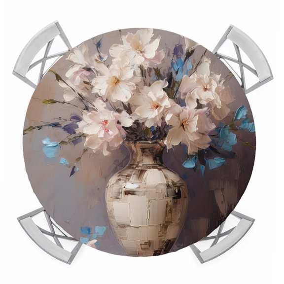 Spring Floral Round Tablecloth for 45-54 Inch Tables, Fitted Table Cover with Elastic Edge, Summer Botanical Oil Painting Art Waterproof Outdoor Table Cloth Protector for Patio Garden Dinner Picnic