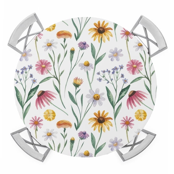 Spring Floral Round Tablecloth for 55-60 Inch Tables, Fitted Table Cover with Elastic Edge, Watercolor Leaf Summer Botanical Waterproof Outdoor Table Cloth Protector for Patio Garden Dinner Picnic
