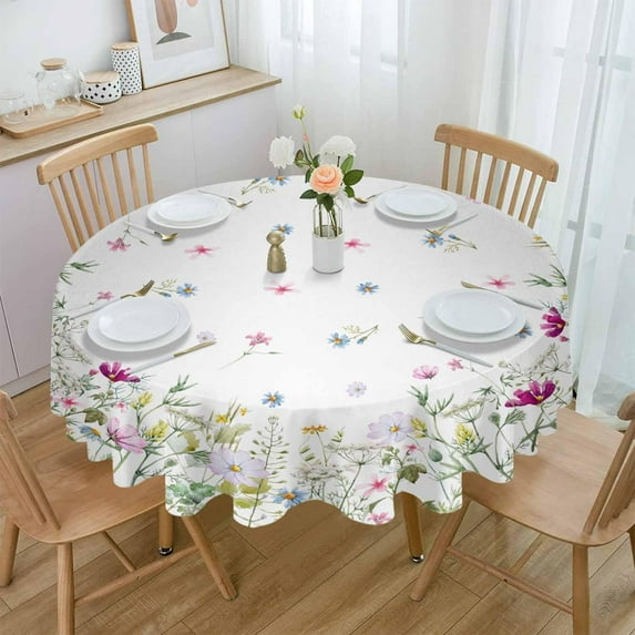 Spring Floral Round Tablecloth 60 Inch - Summer Botanical Waterproof Fabric Table Cloth Protector, Vintage Farmhouse Tablecloths Washable Table Cover for Kitchen Banquet Coffee Table Party