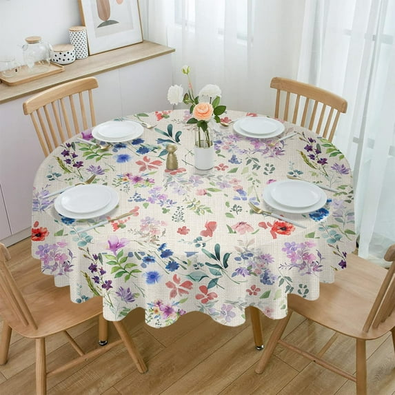 Spring Floral Round Tablecloth 60 Inch - Waterproof Fabric Table Cloth Protector, Colorful Flowers Summer Botanical Rustic Tablecloths Washable Table Cover for Kitchen Banquet Party