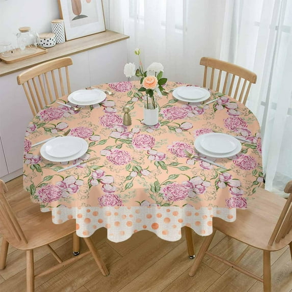 Spring Floral Round Tablecloth 60 Inch - Waterproof Fabric Table Cloth Protector, Pink Summer Botanical Polka Dot Rustic Tablecloths Washable Table Cover for Kitchen Banquet Coffee Table