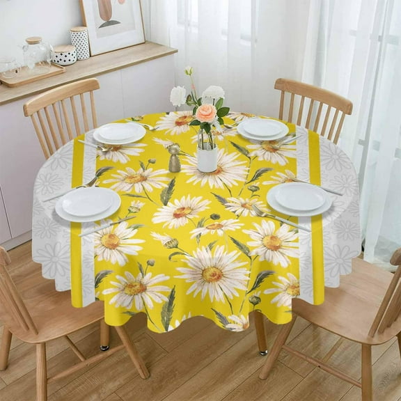 Spring Floral Round Tablecloth 60 Inch - Waterproof Fabric Table Cloth Protector, Yellow Daisy Botanical Summer Tablecloths Washable Table Cover for Kitchen Banquet Coffee Table Party