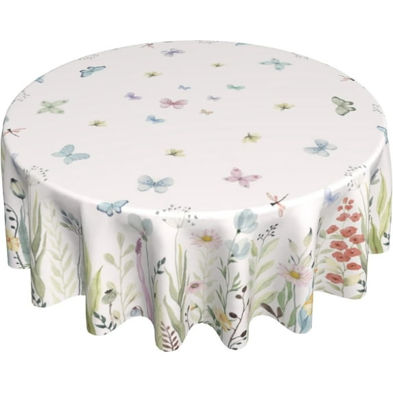 Spring Floral Round Tablecloth 60x60 Inch Watercolor Sage Green Flower Leaf Butterfly Summer Table Cloth Washable Polyester Fabric Farmhouse Holiday Tablecloths for Home Kitchen Party Decor