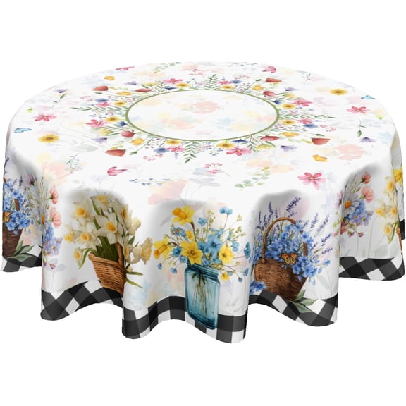 Spring Floral Round Tablecloth 70 Inch Summer Flower Vase Buffalo Plaid Circle Table Cloth Seasonal Holiday Rustic Easter Table Cover for Party Kitchen Dinner Home Decor
