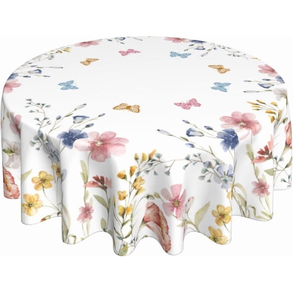 Spring Floral Round Tablecloth 70 Inch Wild Flower Butterfly Table Cloth Summer Seasonal Holiday Table Covers Polyester Indoor Outdoor Farmhouse Tablecloths for Kitchen Dining Party Picnic