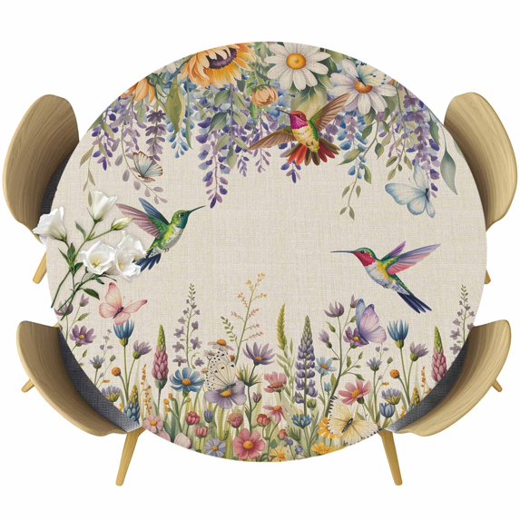 Spring Floral Round Tablecloth, Fitted Table Cover with Elastic for 36"-44" Round Tables, Daisy Sunflowers Wisteria Hummingbird Beige Table Cloth Outdoor Indoor Dinning Party Waterproof Tablecloths