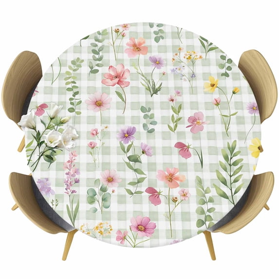 Spring Floral Round Tablecloth, Fitted Table Cover with Elastic for 55"-60" Round Tables, Pink Flowers Green Plaid Pastoral Table Cloth Outdoor Indoor Dinning Party Waterproof Tablecloths