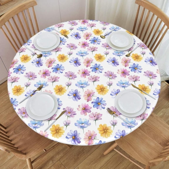 Spring Floral Round Tablecloth Watercolor Colorful Daisy Flowers Table Cover with Elastic Edge Washable Fitted Table Cloth for Kitchen Patry Outdoor Decor Fits 36"-44", Small
