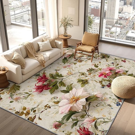 Spring Floral Rug, Elegant Botanical Area Rug, Garden Flower Washable Door Mat for Entryway, Kitchen, Farmhouse Cottage Core Home Decor & Gifts 1x2ft