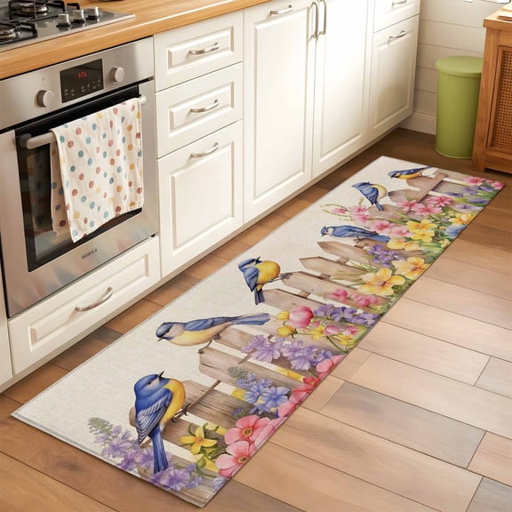 Spring Floral Runner Rug 2x6 FT, Non Slip Hallway Carpet, Summer Birds Botanical Fence Rustic Washable Soft Floor Carpet Throw Runner Carpet Long Rug for Entryway Kitchen Bedside Sliding Door