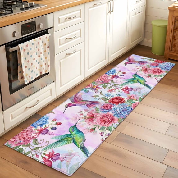 Spring Floral Runner Rugs 2x6 ft Watercolor Pink Blue Flowers Romantic Pair Hummingbird Washable Hallway Rugs Non-Slip Floor Mats Absorbent Carpet Bedside Runners for Bedroom Kitchen Laundry Room