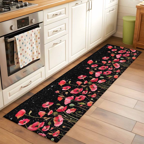Spring Floral Runner Rugs 2x6 ft Watercolor Red Wildflower Rustic Farmhouse Starry Sky Washable Hallway Rugs Non-Slip Floor Mats Absorbent Carpet Bedside Runners for Bedroom Kitchen Laundry Room