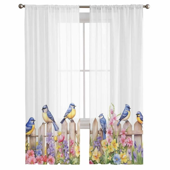 Spring Floral Semi Sheer Curtains 108 Inch Length 2 Panels Set, Summer Birds Botanical Fence Sheer Kitchen Curtain Privacy Voile Window Curtain for Living Room Bedroom Rod Pocket Drapes