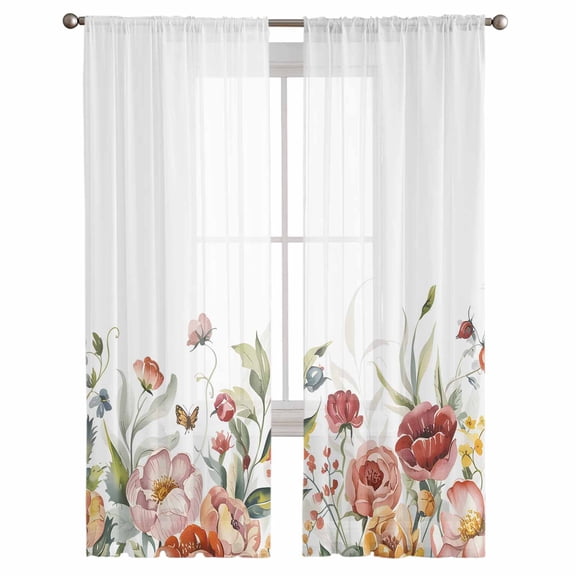 Spring Floral Semi Sheer Curtains 108 Inch Length 2 Panels Set, Summer Botanical Watercolor Blooming Sheer Kitchen Curtain Privacy Voile Window Curtain for Living Room Bedroom Rod Pocket Drapes