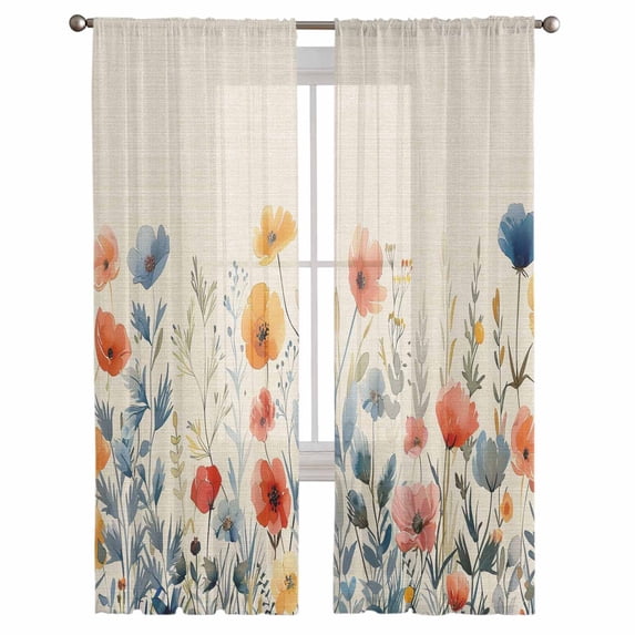 Spring Floral Semi Sheer Curtains 108 Inch Length 2 Panels Set, Watercolor Elegant Summer Botanical Rustic Sheer Kitchen Curtain Privacy Voile Window Curtain for Living Room Bedroom Rod Pocket Drapes