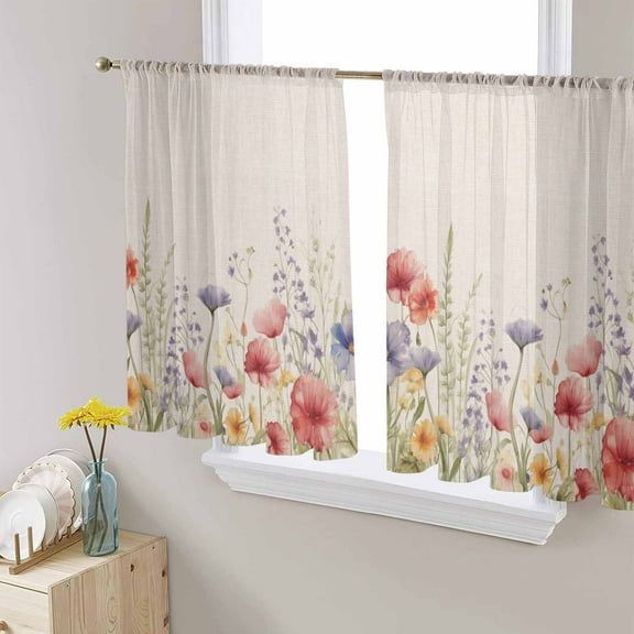 Spring Floral Semi Sheer Curtains 45 Inch Length 2 Panels Set, Colorful Summer Botanical Flowers Vintage Sheer Kitchen Curtain Privacy Voile Window Curtain for Living Room Bedroom Rod Pocket Drapes