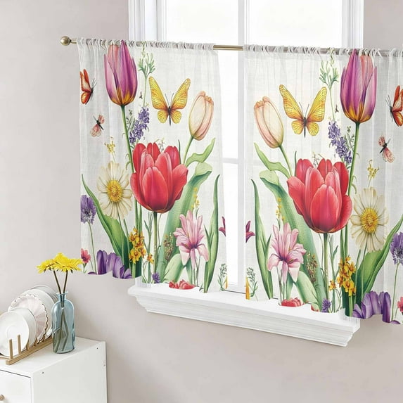 Spring Floral Semi Sheer Curtains 45 Inch Length 2 Panels Set, Colorful Tulip Butterfly Botanical Elegant Sheer Kitchen Curtain Privacy Voile Window Curtain for Living Room Bedroom Rod Pocket Drapes