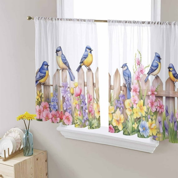 Spring Floral Semi Sheer Curtains 54 Inch Length 2 Panels Set, Summer Birds Botanical Fence Sheer Kitchen Curtain Privacy Voile Window Curtain for Living Room Bedroom Rod Pocket Drapes