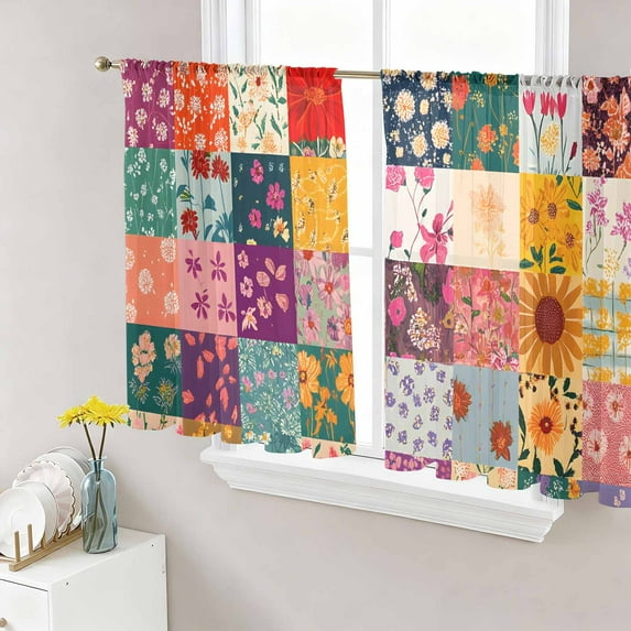 Spring Floral Semi Sheer Curtains 54 Inch Length 2 Panels Set, Vintage Plaid Summer Botanical Colorful Sheer Kitchen Curtain Privacy Voile Window Curtain for Living Room Bedroom Rod Pocket Drapes