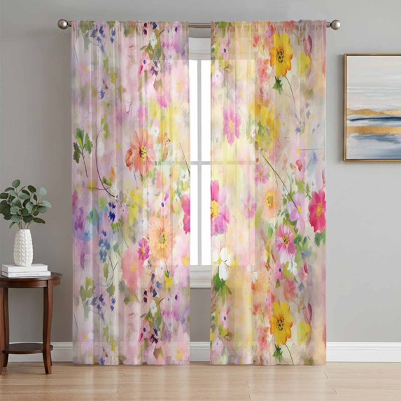 Spring Floral Semi Sheer Curtains 72 Inch Length 2 Panels Set, Elegant Summer Flowers Botanical Watercolor Sheer Kitchen Curtain Privacy Voile Window Curtain for Living Room Bedroom Rod Pocket Drapes