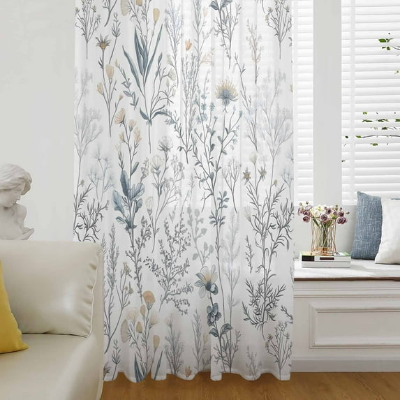 Spring Floral Semi Sheer Curtains Drapes for Living Room, Bedroom, French Doors Window 45 Inches Long, Vintage Botanical Watercolor Rod Pocket Chiffon Curtain Drapery Voile Draperies Panel