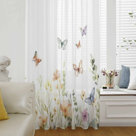 Spring Floral Semi Sheer Curtains Drapes for Living Room, Bedroom, French Doors Window 63 Inches Long, Butterfly Summer Botanical Watercolor Rod Pocket Chiffon Curtain Drapery Voile Draperies Panel