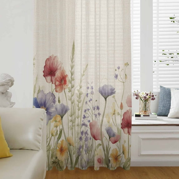 Spring Floral Semi Sheer Curtains Drapes for Living Room,Bedroom,French Doors Window 63 Inches Long,Colorful Summer Botanical Flowers Vintage Rod Pocket Chiffon Curtain Drapery Voile Draperies Panel