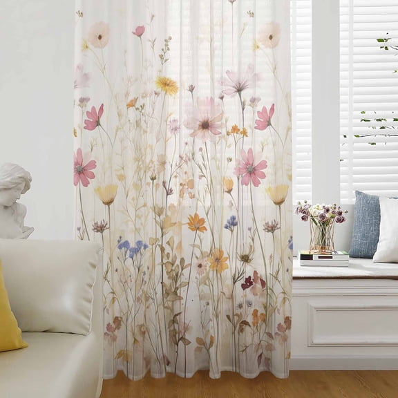 Spring Floral Semi Sheer Curtains Drapes for Living Room,Bedroom,French Doors Window 63 Inches Long,Pastoral Botanical Summer Flowers Vintage Rod Pocket Chiffon Curtain Drapery Voile Draperies Panel
