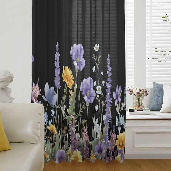 Spring Floral Semi Sheer Curtains Drapes for Living Room, Bedroom, French Doors Window 63 Inches Long, Summer Botanical Elegant Black Rod Pocket Chiffon Curtain Drapery Voile Draperies Panel