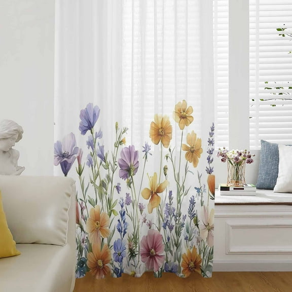 Spring Floral Semi Sheer Curtains Drapes for Living Room, Bedroom, French Doors Window 72 Inches Long, Yellow Purple Flowers Pastoral Rod Pocket Chiffon Curtain Drapery Voile Draperies Panel