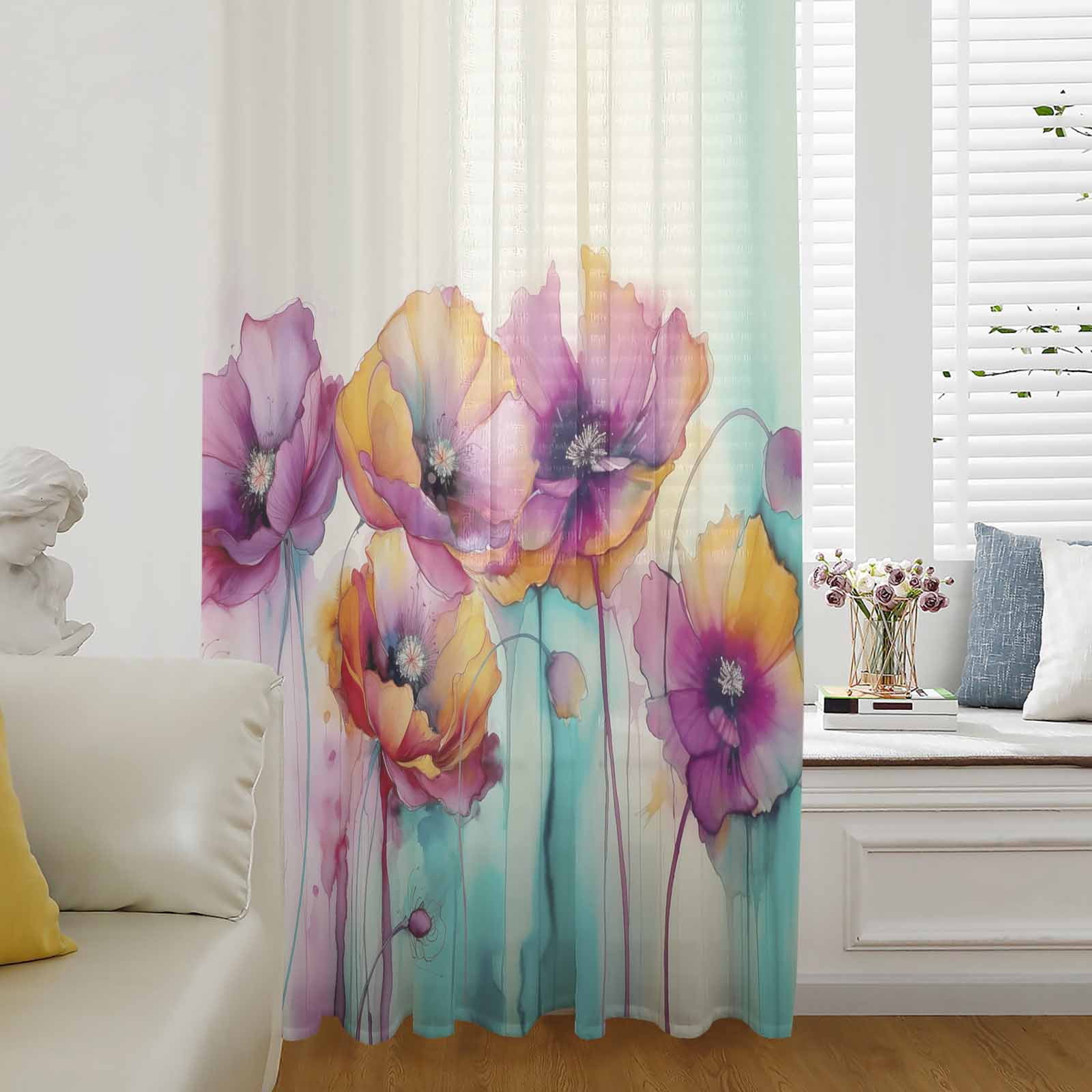 Spring Floral Semi Sheer Curtains Drapes for Living Room, Bedroom
