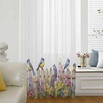 Spring Floral Semi Sheer Curtains Drapes for Living Room, Bedroom, French Doors Window 96 Inches Long, Summer Birds Botanical Fence Rod Pocket Chiffon Curtain Drapery Voile Draperies Panel