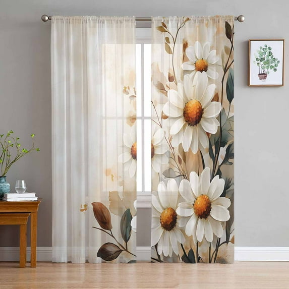 Spring Floral Sheer Curtains 108 Inch Length 2 Panels Set for Living Room/Bedroom, Daisy Summer Botanical Vintage Flowers Curtain Sheers Drapes Rod Pocket Curtains Window Treatment Set 52''x108''x2