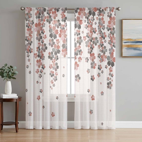 Spring Floral Sheer Curtains 108 Inch Length 2 Panels Set, Red Gray Cherry Flowers Blossom Beige Voile Window Treatment Semi Sheer Long Curtains Drapes for Bedroom/Living Room/Kitchen 52"x108"x2