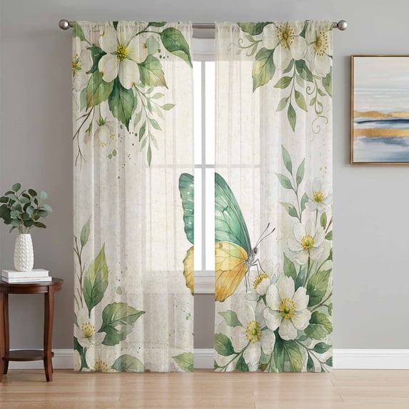 Spring Floral Sheer Curtains 108 Inch Length 2 Panels Set, Watercolor Botanical Flowers Butterfly Beige Voile Window Treatment Semi Sheer Long Curtains for Bedroom/Living Room/Kitchen 52"x108"x2