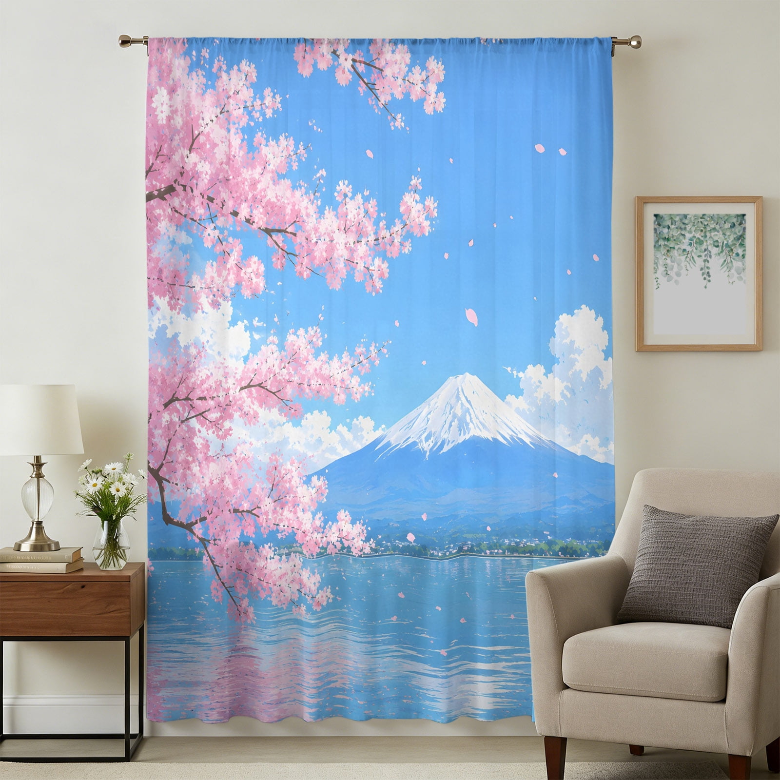 Spring Floral Sheer Curtains 108 Inches Extra Long, Pink Cherry Flowers