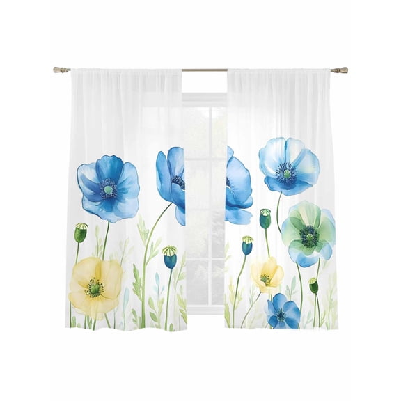 Spring Floral Sheer Curtains 2 Panels Set Blue Yellow Poppy Watercolor Flowers Sheer Window Curtains Light Filtering Rod Pocket Voile Drapes for Bedroom Living Room 52"X72"