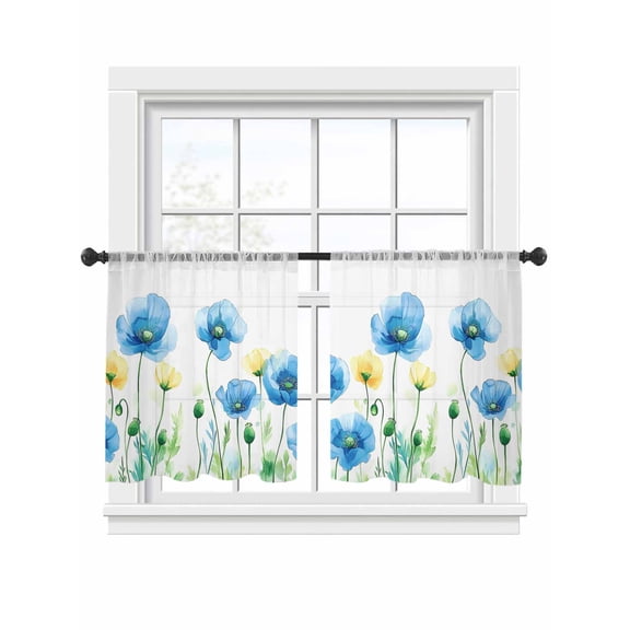 Spring Floral Sheer Curtains 2 Panels Set Blue Yellow Watercolor Poppy Sheer Window Curtains Light Filtering Rod Pocket Voile Drapes for Bedroom Living Room 52"x54"