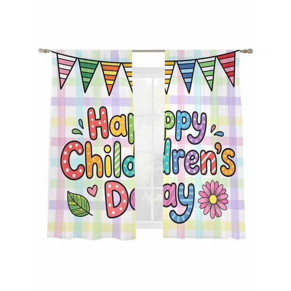 Spring Floral Sheer Curtains 2 Panels Set Cute Party Flag Cartoon Letter Print Colorful Stripes Sheer Window Curtains Light Filtering Rod Pocket Voile Drapes for Bedroom Living Room 52"x63"
