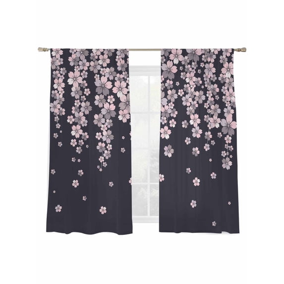 Spring Floral Sheer Curtains 2 Panels Set Japanese Watercolor Cherry Blossom Romantic Black Sheer Window Curtains Light Filtering Rod Pocket Voile Drapes for Bedroom Living Room 52"X72"